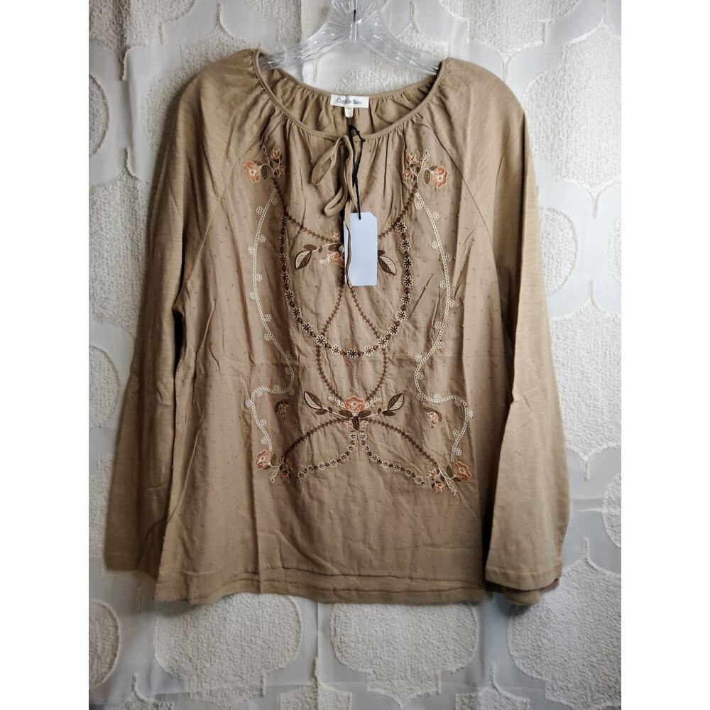 #373 Brand New With Tags Cotton Bleu Tan Embroidered Long Sleeve Size L
